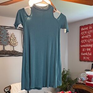 Soprano Teal Cold-Shoulder Ribbed Tunic